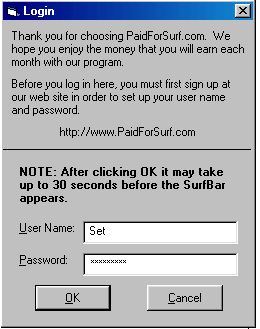 первое приглашение для входа в систему PaidForSurf. Необходимо ввести Ваши Логин и Пароль.